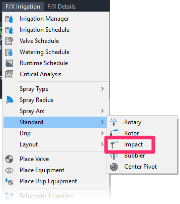 F/X Irrigation menu, Impact flyout